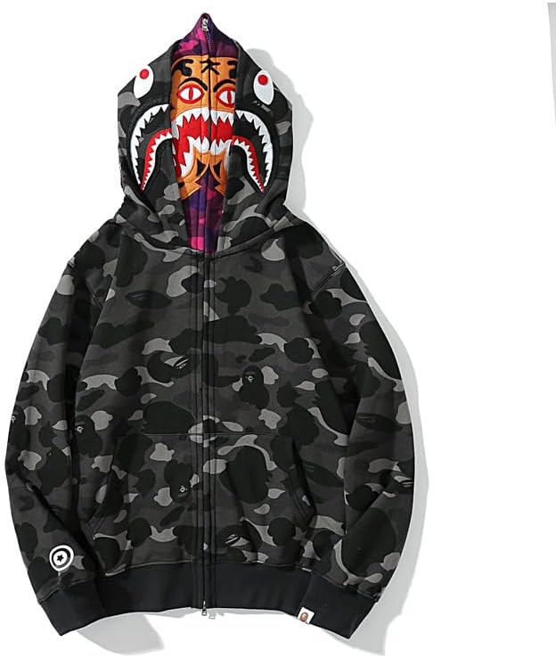 Miniatura 2 de Sudadera con capucha y cremallera de doble capa con diseño de tiburón Sudadera de moda juvenil con cremallera completa para hombre de estilo hip hop