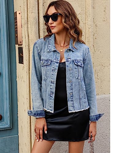 Best Jean Jackets for Women Over 50 – Timeless Denim Style Meets Modern Comfort 5 Luvamia Women's Distressed Denim Shirt Jacket - Light Blue Utility Jacket - Summer Jean Top - Size Large (Fits 12-14)
