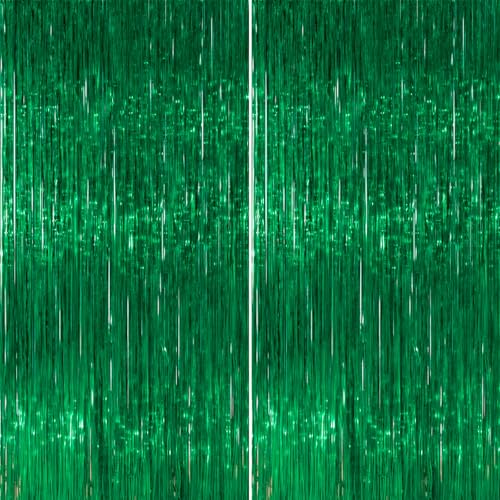 Image of PartyWoo Green Streamers Backdrop 2pcs 3.3x6.6 ft Green Tinsel Foil Fringe Streamer Curtains Photo Backdrop for Graduation Birthday Wedding Dinosaur Jungle Golf Football Theme Party Decorations