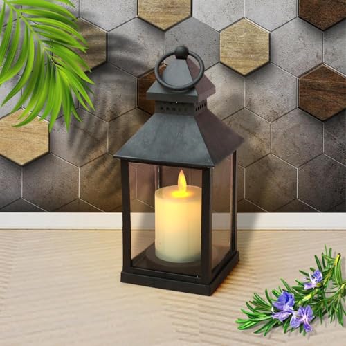 Image of Vintage LED Lantern Light with Flickering Candle, Battery Operated Hanging Lamp, Antique Glass Lantern for Home Decor, Diwali Decoration Lights, Table & Wall Hanging Lamp Black vivinin (Set 1)