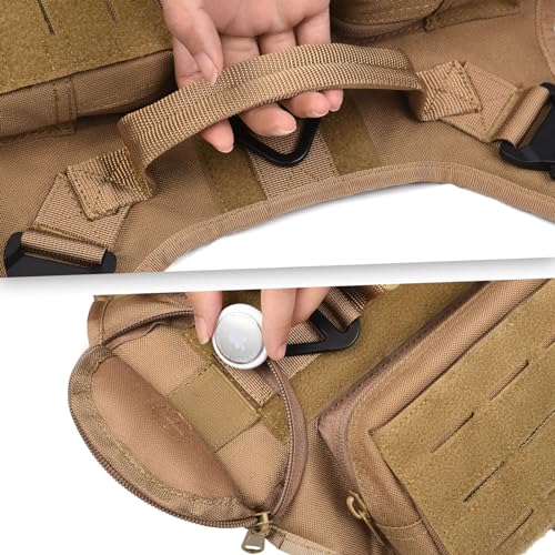 AIWAI Tactical Hundegeschirr mit Griff für große Hunde, 2X Metallschnalle, Hund MOLLE Weste mit Taschen, Kein Zug Verstellbare Easy Control Hundeweste Geschirr für Working Training (Khaki, L)