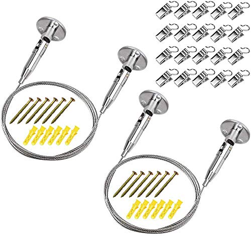 AAPLUS 2 x Juego de Cable de Suspensión de Acero Inox en 2 m Cable Tensor Pared con Soporte de Cobre + 20 Clips Sistema de Colgar Ajustable para Cortina Pintura Cuadros Exhibición de Galería Luces