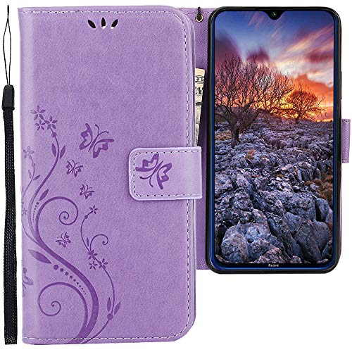 CLM-Tech Coque Compatible avec Xiaomi Redmi Note 8, Portefeuille en Cuir synthétique, Housse Etui avec Support et Cartes Compartiments, Papillons Pourpre