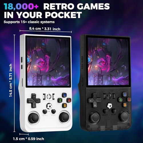 R36MAX Retro Game Console in black with 4-inch IPS HD screen.