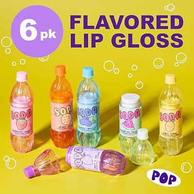 EXPRESSIONS 6pc Soda Pop Lip Gloss Collection - Fruit Flavored, Non-Toxic Soda Bottle Lip Gloss Set, Teen Girls Party Favors
