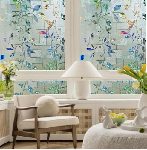 Image of CREON Frosted Window Self Adhesive Privacy Glass Film Decorative Window Sticker for Glass Door, Bathroom, Home, Window (Leaf RANIBOW, 24X108 in)