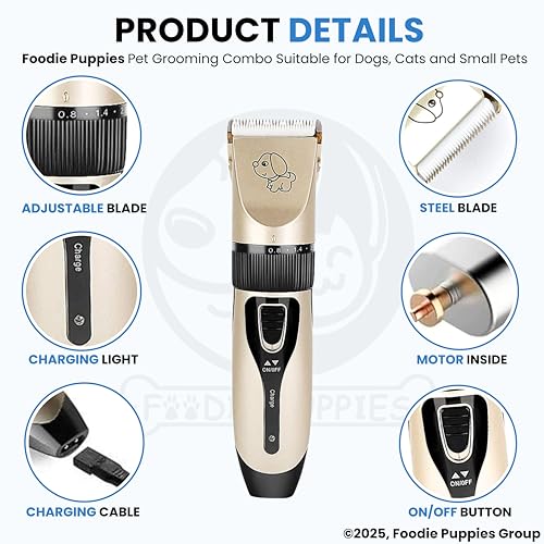 Image of Foodie Puppies 4-in-1 Pet Grooming Kit for Dogs & Cats | Cordless Electric Trimmer, Nail Clipper with Filer, Curved Scissors and Steel Flat Comb | Low Noise, Rechargeable, Professional Grooming Set