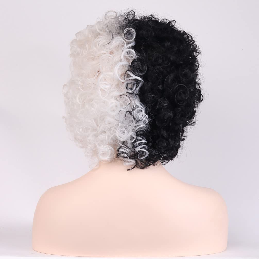 RightOn Black White Wig Two Tone Wig Short Curly Wig Synthetic Wigs Black White Wig Split Wigs with Costume Accessory Set