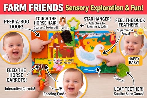 Image of Tinsel Trends Baby Books Farm Animal Soft Cloth Busy Book Gifts for Babies Montessori See Touch Feel Crinkle Stroller Travel Toys for Boy Girl 0-6 6-12 12-18 Months 1 Year Old Toddler
