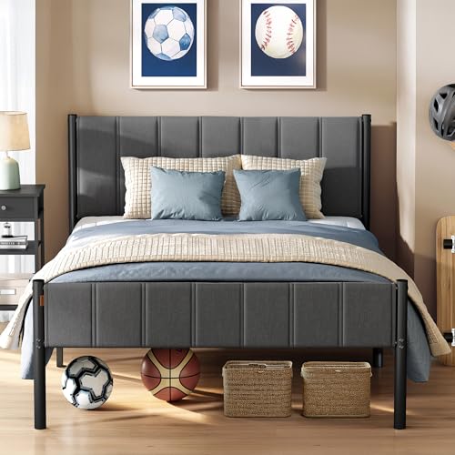 VASAGLE Double Bed Frame, 135 x 190 cm, with Upholstered Headboard, Metal Bed Frame, 500 kg Weight Capacity, Easy Assembly, Slate Grey RMB976G02