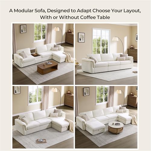 Image of CHITA Extra Large Sectional Couches for Living Room, Cloud Modular Sectional Sofa with Chaise, Ottoman with Storage, 4 Seater U Shaped Sectional Couch, Chenille in Cream