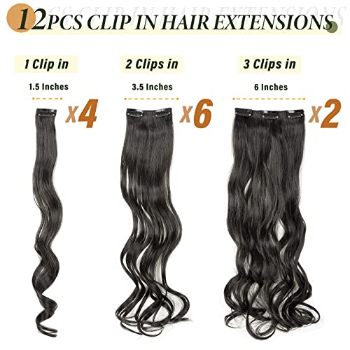 Clip-in-Hair-Extension-Long-22inch-Off-Black-Curly-Full-Head-Synthetic-Clip-on-Hair-Extension-180-Gram-Thick-Double-Weft-Hair-Extensions-Wavy-Hairpieces-for-Women