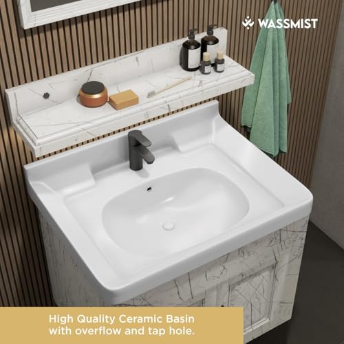 Image of WASSMIST Bathroom Vanity Washbasin Cabinet with Mirror & Shelf | Wall Mounted Wash Basin with Cabinet Full Set | Waterproof & Unbreakable (Cream)