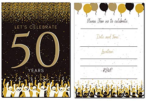 Elcer 50Th Birthday Party Invitations| 50 Years | Happy 50 Anniversary | Black And Gold | Confetti Streamers Party Invitations | Fill In Style | 20 Count With Envelopes | Surprise Party (Black) #TOP6