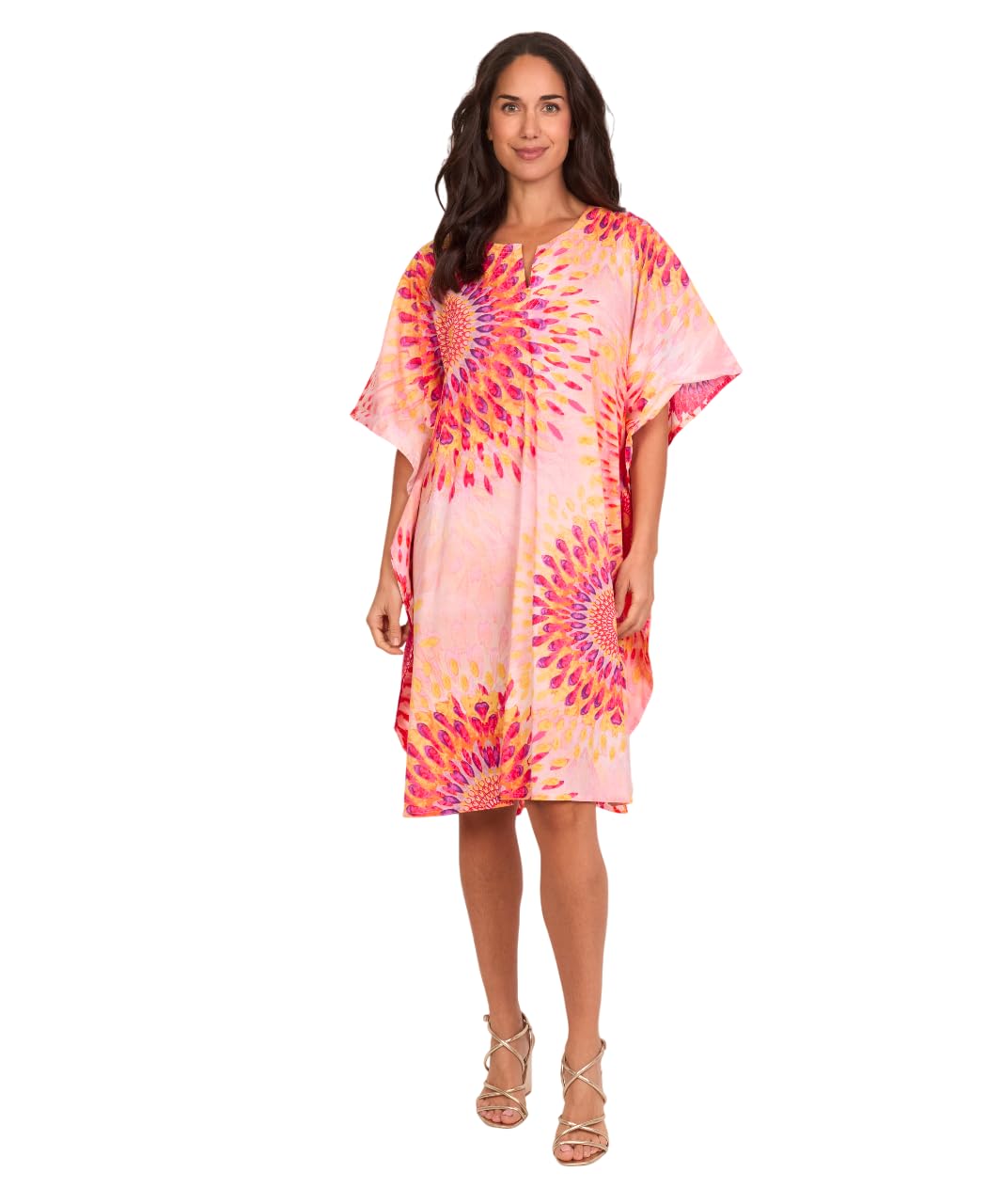Algodón Vestido Kaftan de Playa con Estampado Solar, Manga Corta, Diseño Multicolor en Turquesa, Estilo Casual