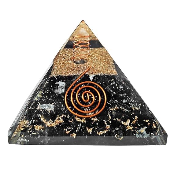 Khushboo Enterprise Pirámide de orgonita de turmalina negra con espiral de cobre, 3 pulgadas, generador de energía de cristal para meditación, yoga, energía positiva, regalo de cristal