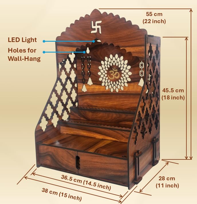 Image of STEPn'SPACE Wooden Temple for Home Big Size Mandir LED Light & Step Wall Hanging Puja Mandir for Home Temple for Office Pooja Stand for Home & Office Temple with Storage for Shop XL-D28x W38x H55cm