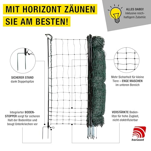 horizont strongLine Hühnerzaun mit Strom, 25m 110cm hoch - 9 Fiberglaspfähle mit Doppelspitze - Geflügelnetz, mobiler Geflügelzaun, Gartenzaun, mobiler Zaun
