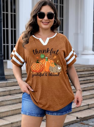 Plus Size Thanksgiving Shirts Women Thankful Grateful Blessed Shirt Leopard Pumpkin Print Casual Fall Tops4