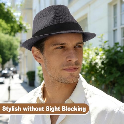 Image of Straw Fedora Hats for Men Women, 1920s Short Brim Trilby Panama Hat Summer Beach Sun Cap