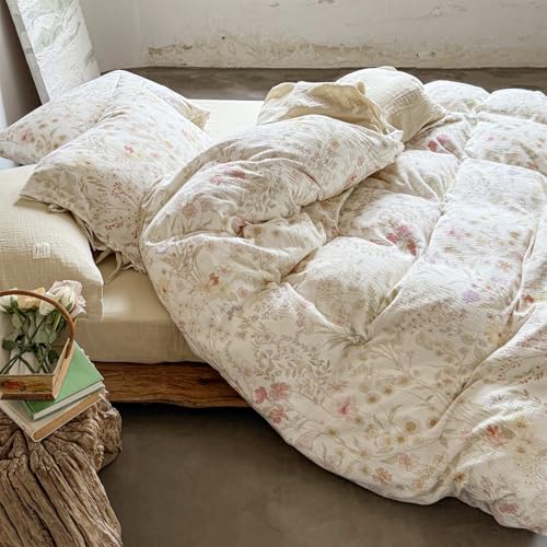 Image of VM VOUGEMARKET Fresh Floral Double Layer Gauze Full Duvet Cover Set, Soft Crinkled Cotton Muslin Bedding Set, Lightweight Breathable Botanical Print Comforter Cover for Cottagecore Bedroom