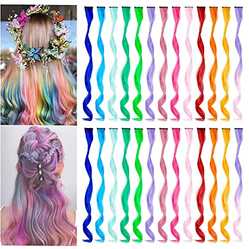 SOYZMYX 26 Pcs Curly Colored Hair Extensions Party Highlights, Multi-Colors Wavy Hairpiece Clip in Synthetic Rainbow Streak for Kids Girls Women 17 inch(Colorful Set)