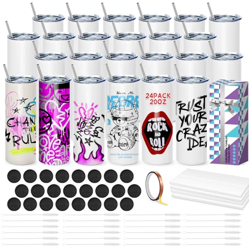 24 Stück Sublimation Rohlinge 20 oz Trinkhalm für Tassen, White Straight Bulk Edelstahl Tumbler, Sublimationsbecher für Wärmeübertragung, mit Deckel und Stroh, Schrumpffolie, einzeln verpackt