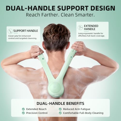 Image of Electric Body Brush, Back Scrubber for Shower with Long Dual Handle, Waterproof Power Shower Brush with 3 Interchangeable Heads & 2 Speeds for Cleansing, Exfoliating and Massage, Classic Green