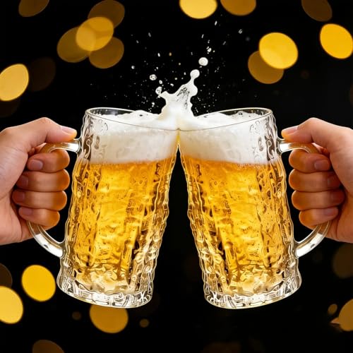 Image of PrimeWorld 480 ml Thailand Beer Mug Set of 2 | Heavy Glass Beer Steins with Handle | Sturdy Base, Freezer-Friendly Beer Glasses for Home Bar, BBQ & Parties