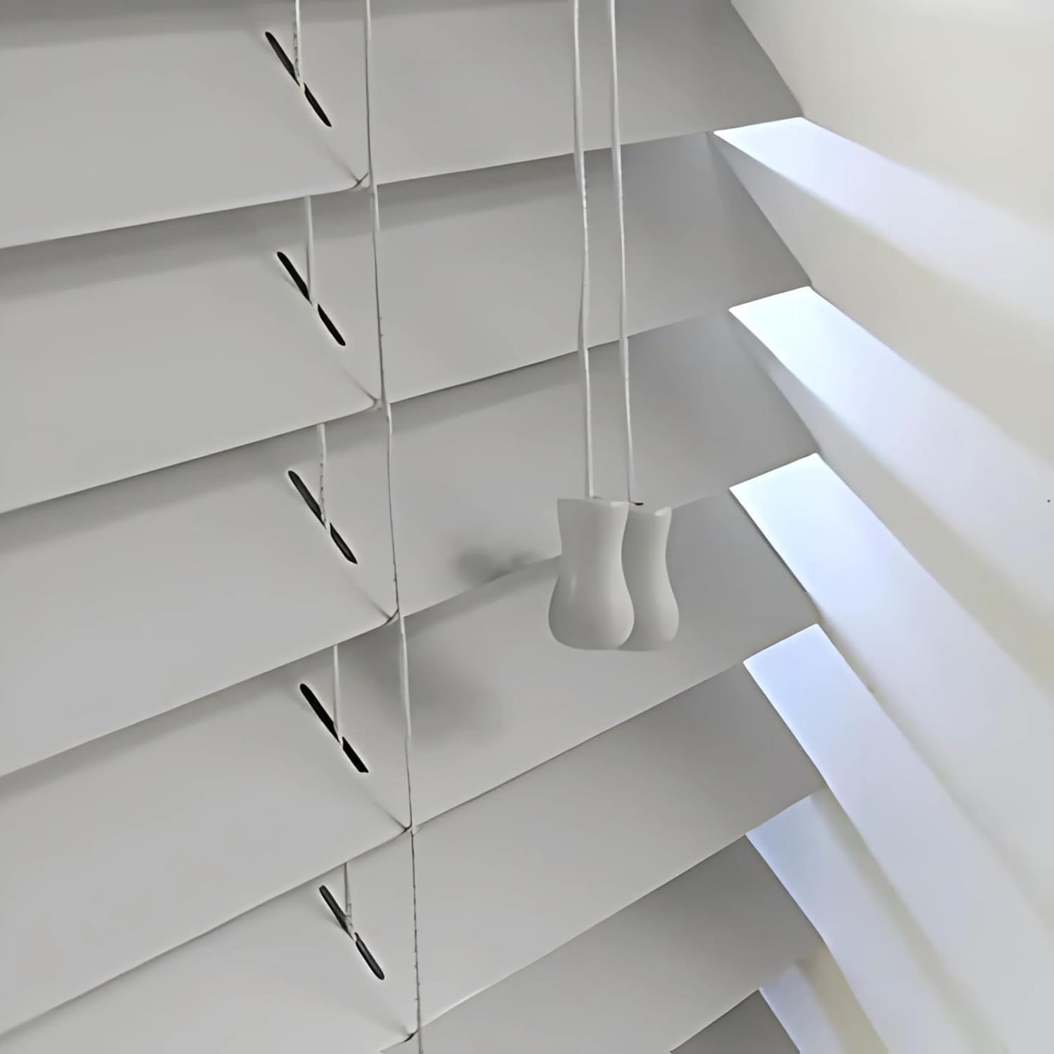 Funky Gadgets Faux Wood Blinds Window Venetian Blinds with Strings and THE OTHER with TAPE Window Blinds Embossed 50mm Slats TRIMMABLE Easy Fit Home Office (Nimbus Grey, 174cm width x 213cm drop)