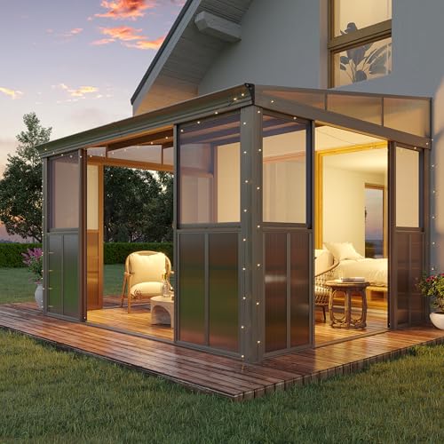 EROMMY 10 x 12FT Wall-Mounted Sunroom with Removable 3-Sided Doors