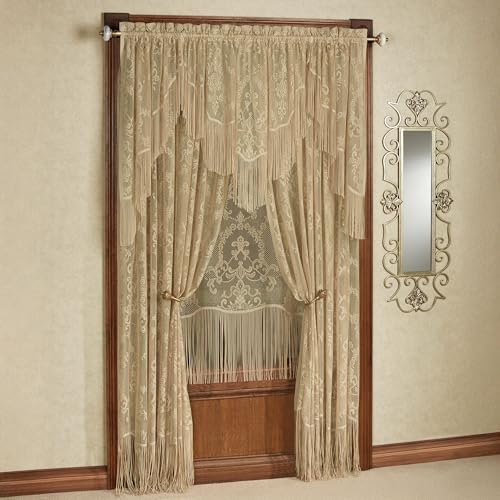 Queen's Lace Fringed Window Treatment | Antique Gold | Traditional Medallion Motif Polyester Lace with Long Self-Fringed Edges | 5-pc Set: Ascot Valance, 38L Swag Pair, 1-63L Panel, & 2-84L Curtains
