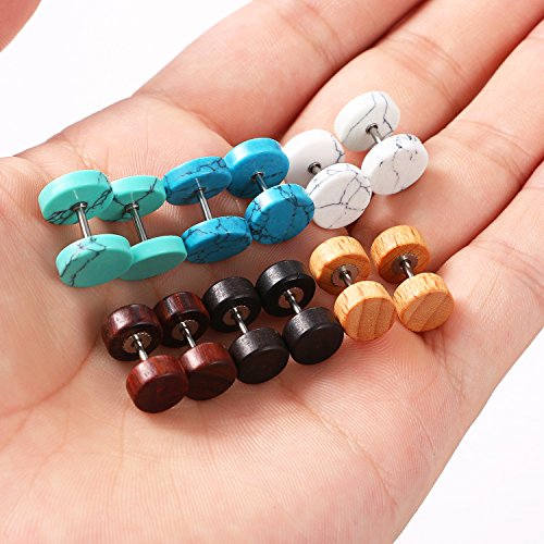 Cupimatch 6 Pairs 8MM Marble Stone Wood Screw Stud Earrings Set, Ear Piercing Plugs Faux Gauges Illusion Tunnel Earrings (8 mm)