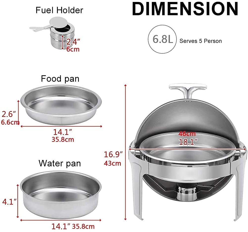 Chafing Dish Con Coperchio A Rullo Da 6,8 L E Finestra Visibile, Set Di Scaldavivande In Acciaio Inossidabile Con Vaschetta Per Cibo, Vaschetta Per Acqua E Porta-Combustibile Per Buffet, Matrimoni E