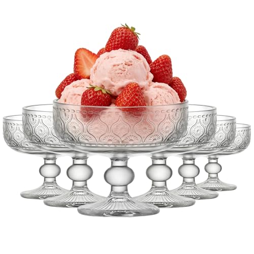 Glass Dessert Bowls Sundae Ice Cream Set of 6, Short Stemmed Prawn Cocktail Glasses Appetiser Fruit Salads Pudding Dishes Footed Dessert Sundae Cocktail Bowls (0904)