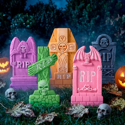Image of JOYIN 17 inch Halloween Foam Tombstones (5 Pack), Colorful RIP Graveyard Tombstones Decorations Outdoor with Metal Stakes for Yard Lawn Garden Halloween Party Decor
