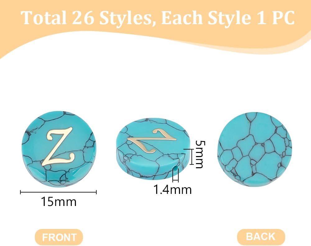 PH PandaHall 26pcs Turquoise Alphabet Letter Beads, 15mm A-Z Beads Flat Round Beads Craft Beads Alphabet Beads Loose Beads Spacer Beads for DIY Earrings Bracelet Necklace Jewelry Making(Gold on Blue) - Image 3