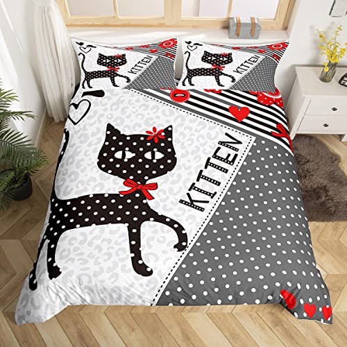 Cat Duvet Cover Cute Kitten Print Bedding Set Pet Cats Pattern Comforter Cover for Boys Girls Kids Black White Red Leopard Print Lightweight Bedspread Cover Single Size With 1 Pillow Case