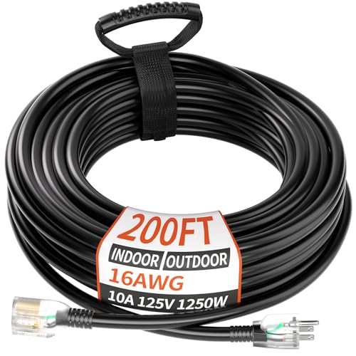 PlugSaf 16/3 Gauge 200 ft Extension Cord Outdoor Black Waterproof, Cold Weatherproof -58&deg;F, Flame...
