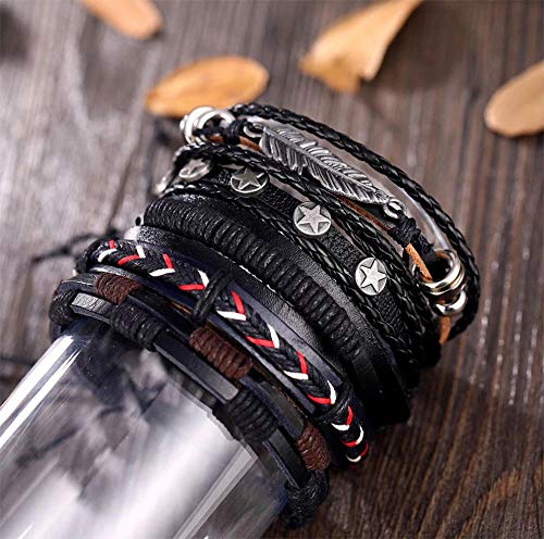 Bracelete 5 em 1 Pulseira Artestore em Couro Preta com Pingentes em Metal