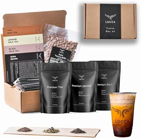 Premium Boba Tea Kit by Locca | Makes up to 24 Drinks | Bubble Tea Gift Kit | Thai Tea Edition with Jasmine and Black Tea | Includes Tapioca Balls and Boba Straws | DIY Food Gift