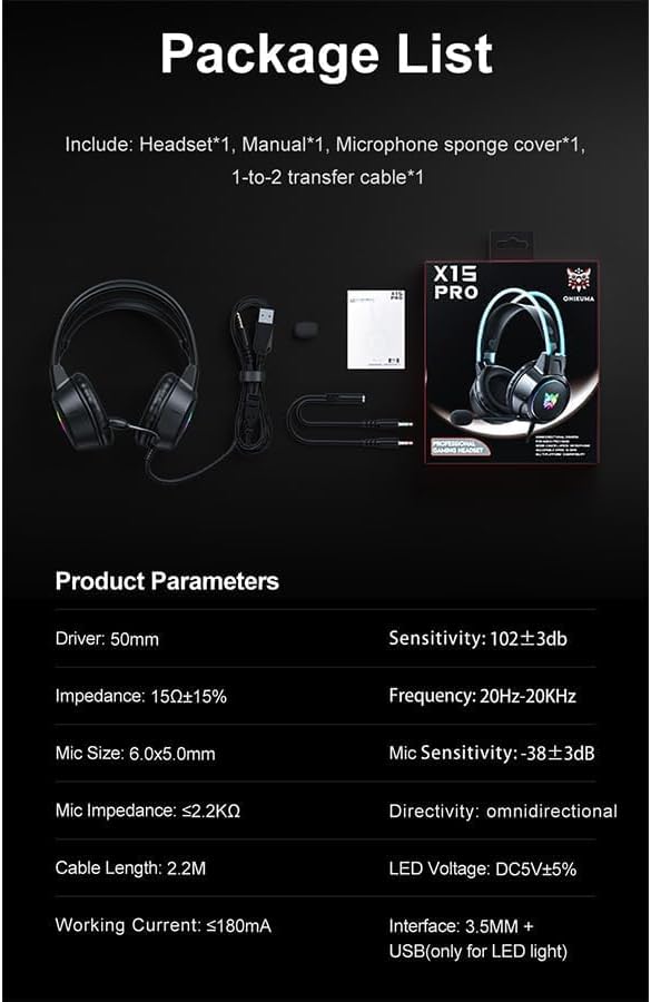 Detailed product specifications for FH Onikuma X15 Pro headset
