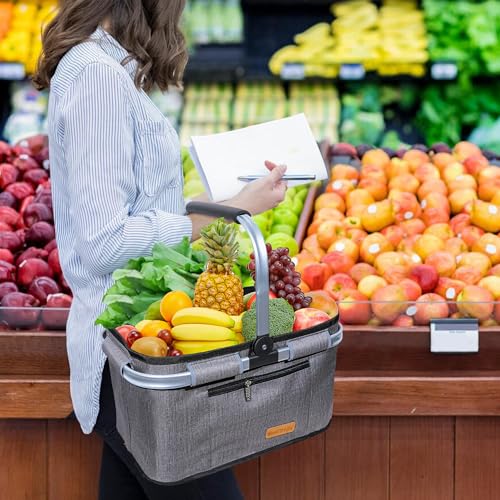 ABIUBIU 35L Einkaufskorb Großer Picknickkorb mit gepolsterten Griffen Praktischer Faltbarer Korb Einkaufstasche mit Aluminiumrahmen Stabiler Korb Reisen/Picknick/Einkaufen