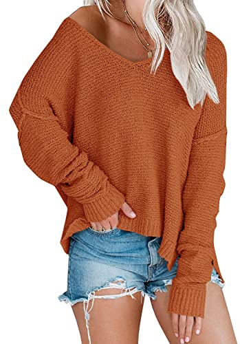 Image of Women's Off Shoulder Knit Sweaters Oversized V Neck Long Sleeve Loose Lightweight Pullover Tops