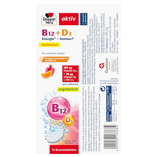 Doppelherz Vitamin B12 + D3 - Hochdosiert mit 300 μg Vitamin B12 und 800 I.E. Vitamin D3 für eine normalen Funktion des Immunsystems - 15 Brausetabletten