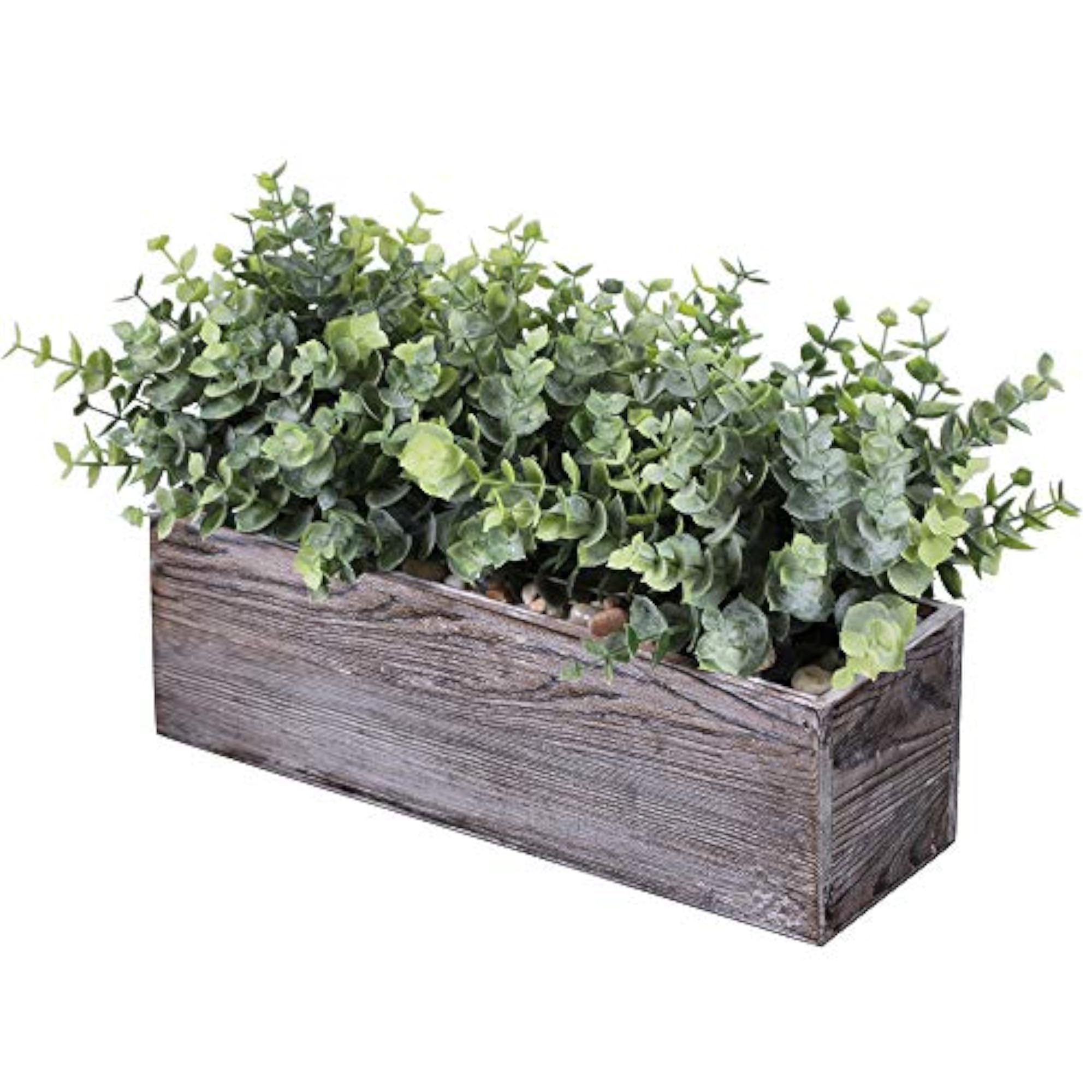 Faux Eucalyptus Plants in Rustic Rectangular Wood Planter Box