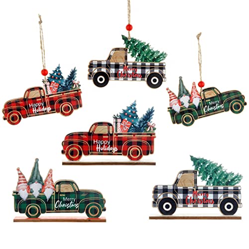 2 adornos de árbol de Navidad para camiones | Adornos navideños para el árbol de Navidad para camiones rojos - 6 adornos de granja para camiones adornos de Navidad adornos de madera