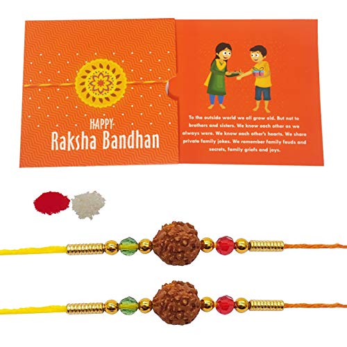 Image of iberry's Rakhi Gift Pack with Set of 2 Rudraksh Rakhi, Greeting Card and Roli Chawal for Brother| rakhi for brother with Branded Packaging