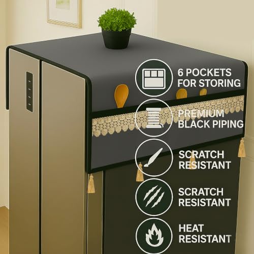 Image of Refrigerator Double Door Waterproof, Dustproof, Tassel Lace Refrigerator Top Cover, Protective Covers for Fridges with Extra Storage Space Nylon Top cover with 6 Storage Pockets ( Grey, 170 x 65 cm )