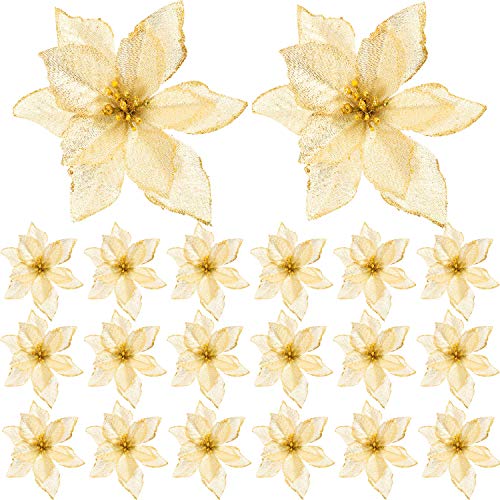 SATINIOR 20 Packs Christmas Faux Flowers Glitter Poinsettia Christmas Tree Ornament DIY Holiday Floral Arrangements (Gold)